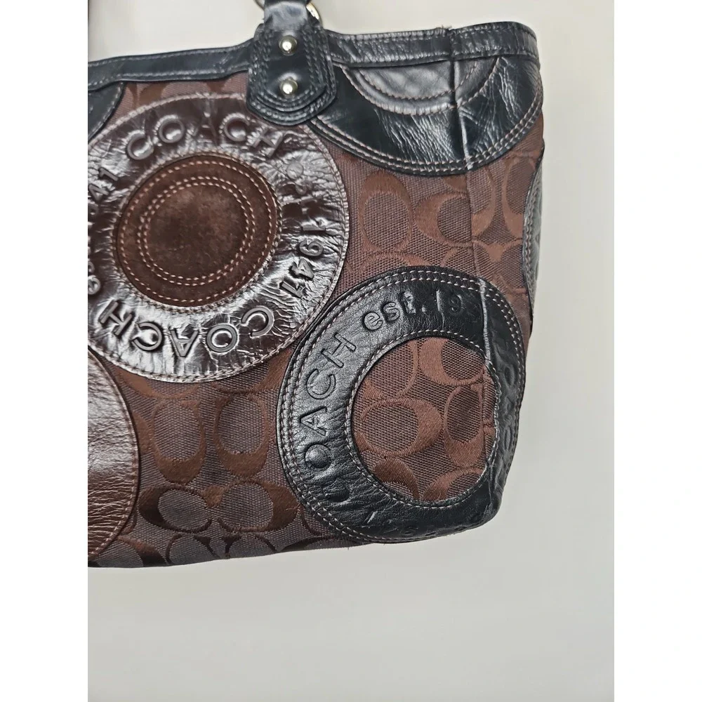 Coach Bag Circle Patchwork F15466 Brown Black Suede Leather East West Tote